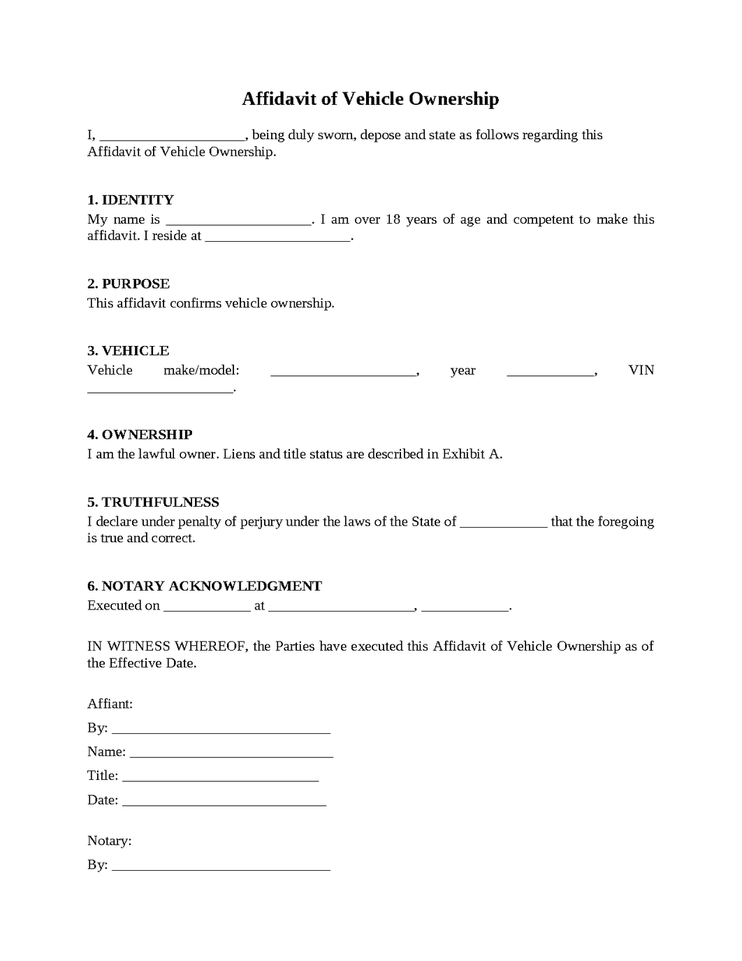 Affidavit of Vehicle Ownership