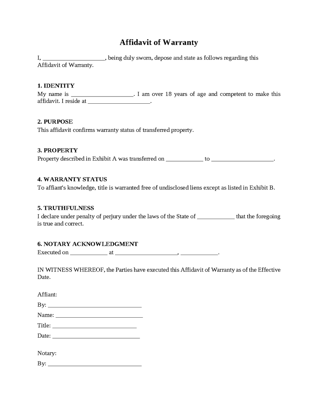 Affidavit of Warranty