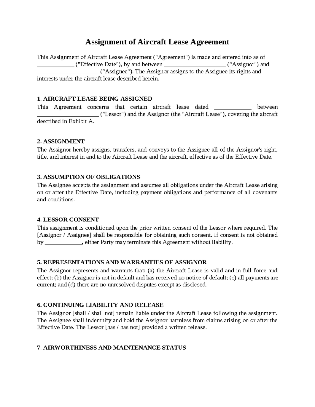 Assignment of Aircraft Lease Agreement