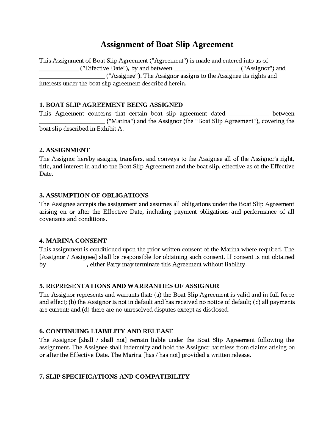 Assignment of Boat Slip Agreement