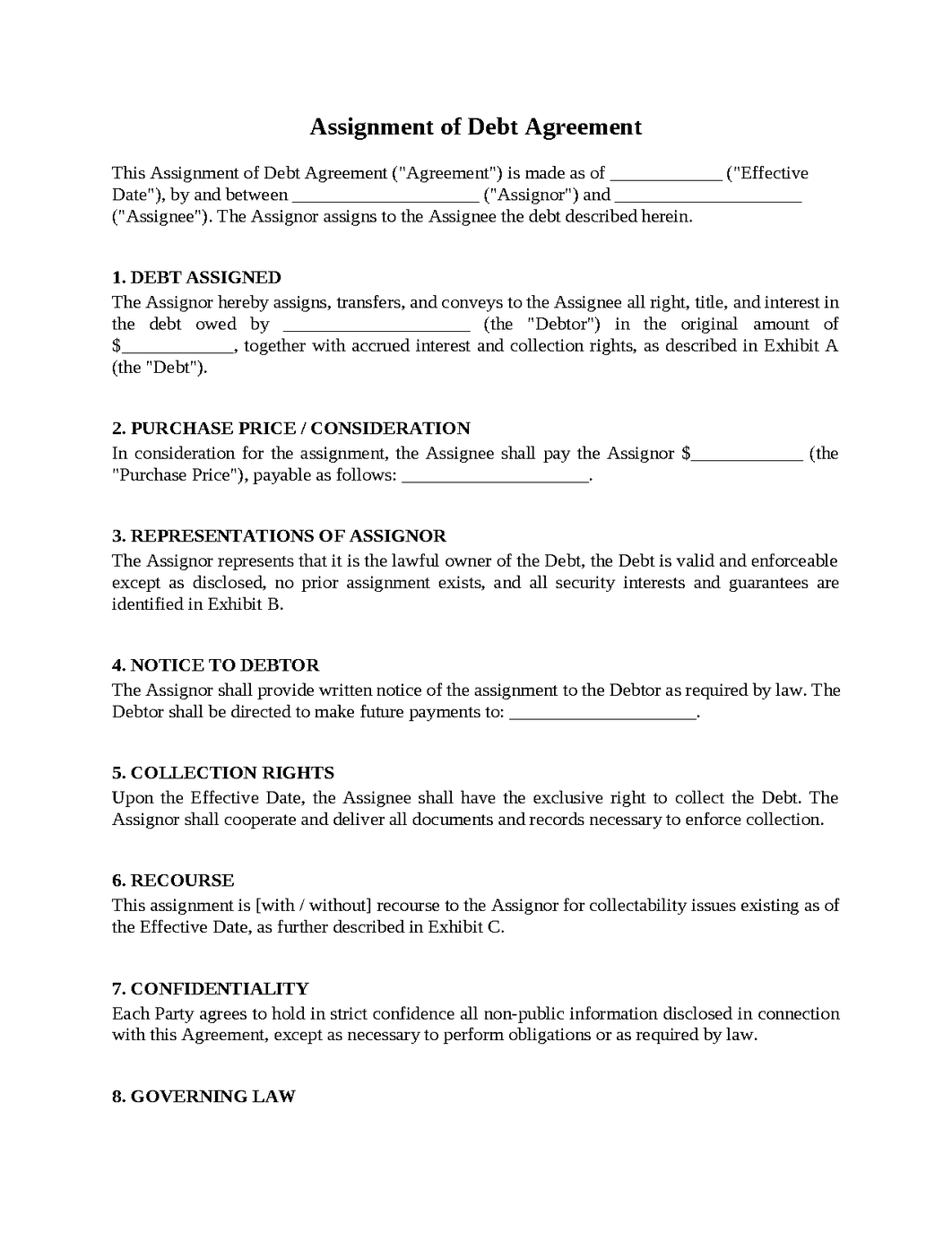 Assignment of Debt Agreement