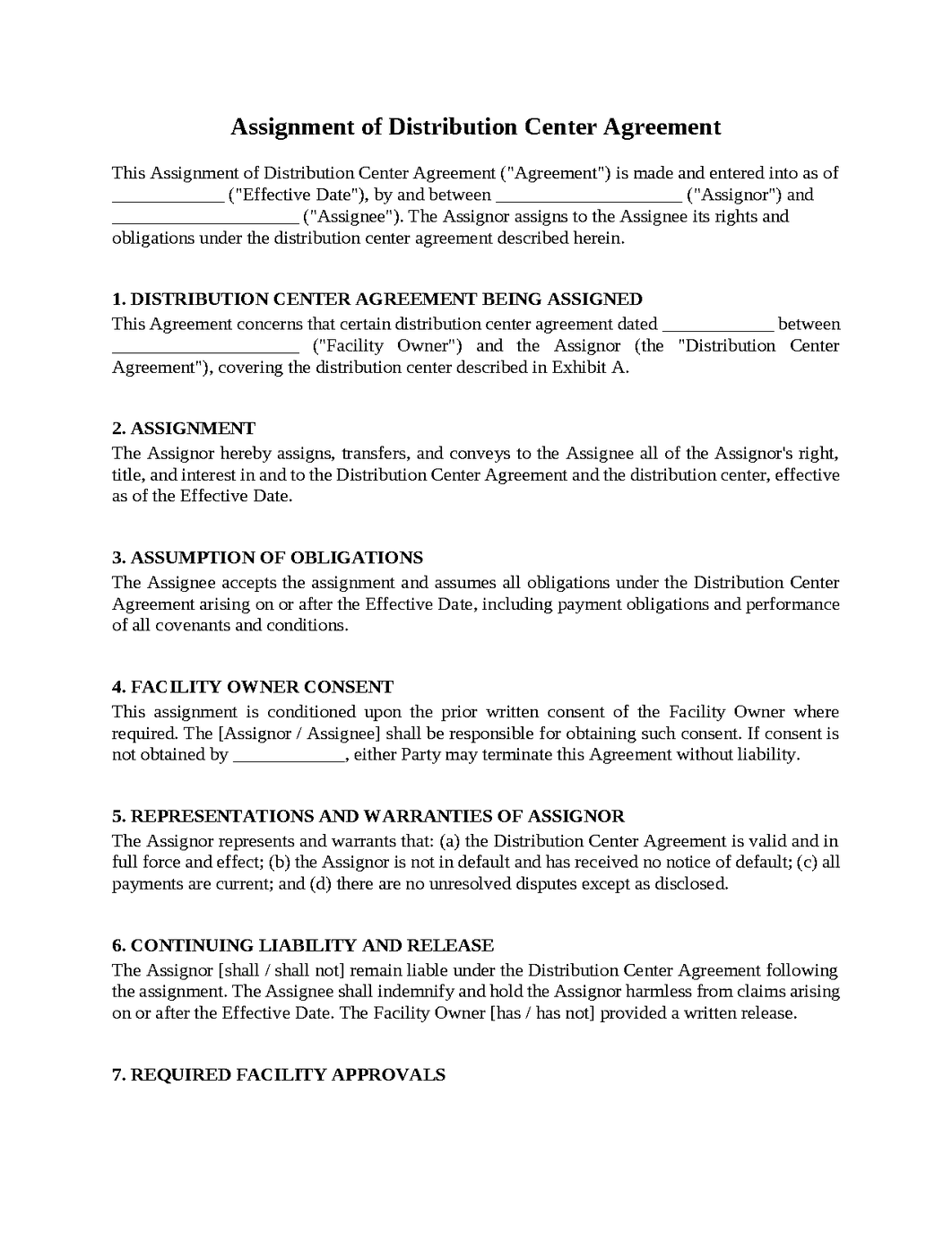 Assignment of Distribution Center Agreement