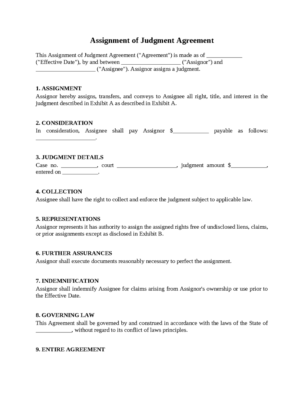Assignment of Judgment Agreement