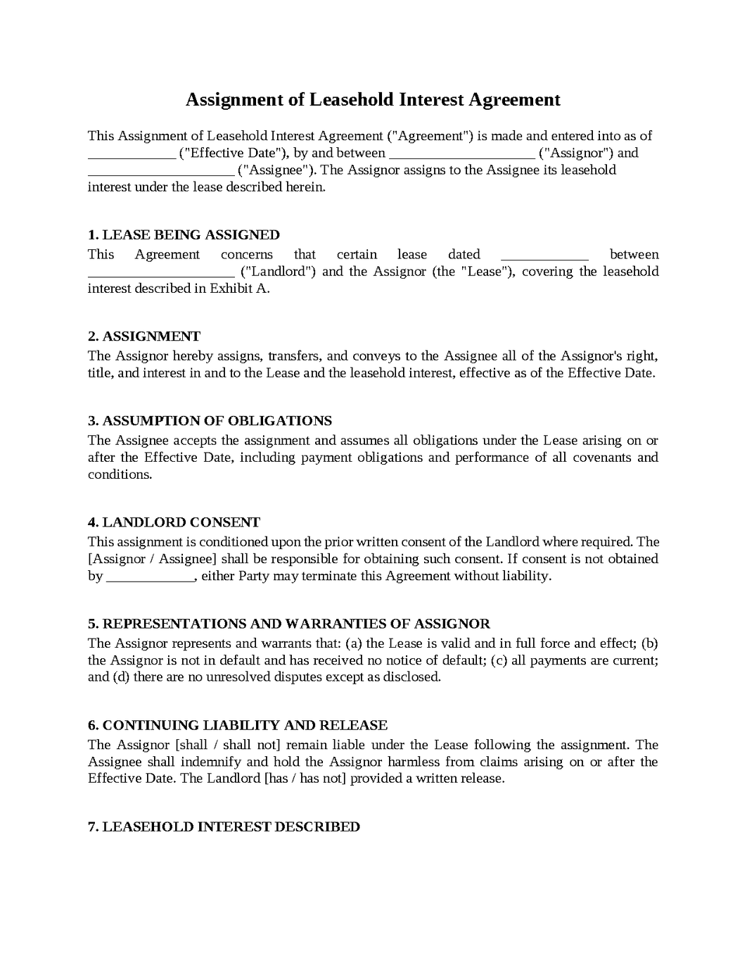 Assignment of Leasehold Interest Agreement