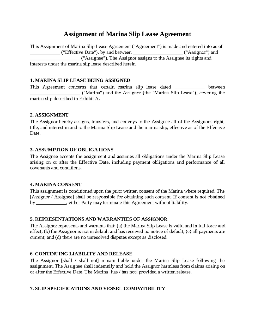 Assignment of Marina Slip Lease Agreement
