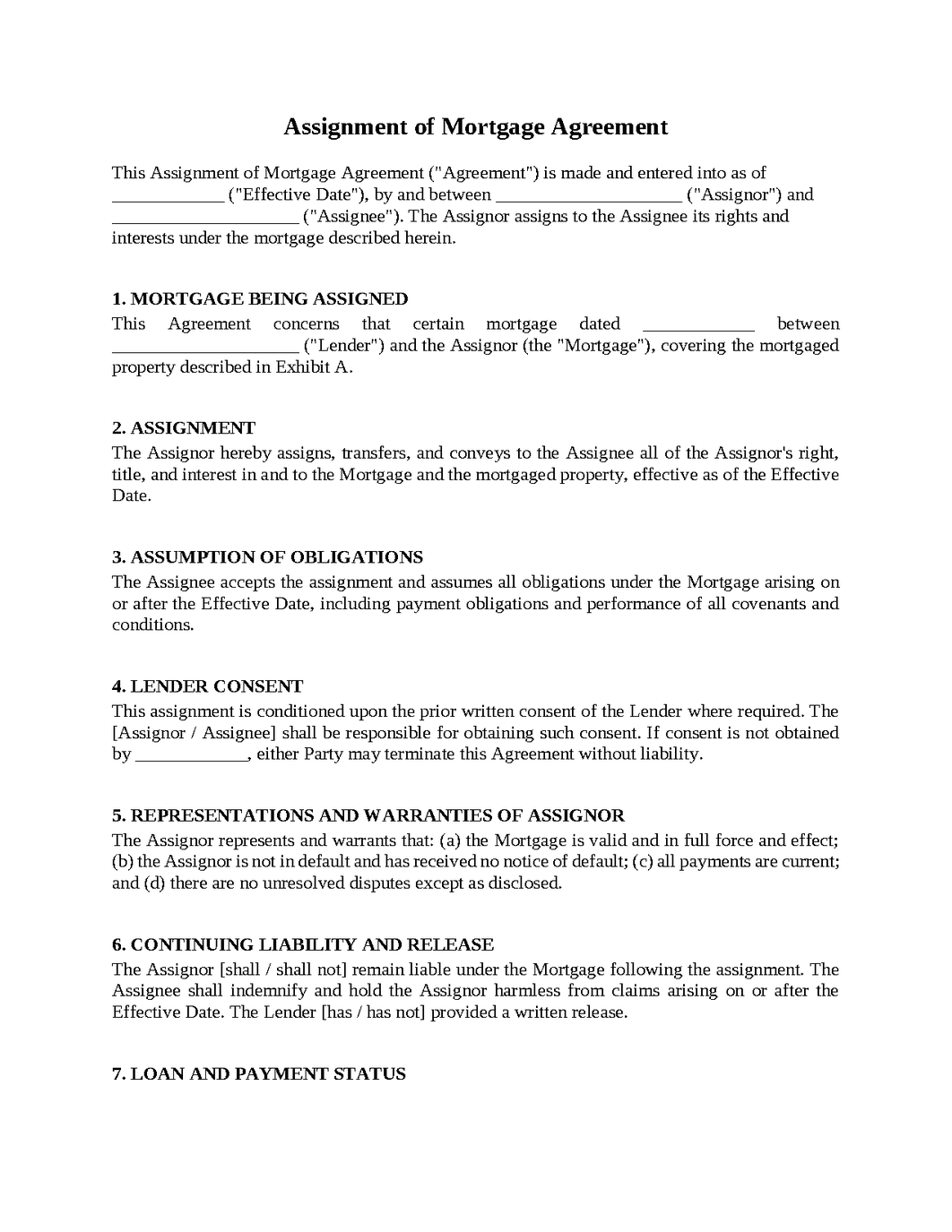 Assignment of Mortgage Agreement