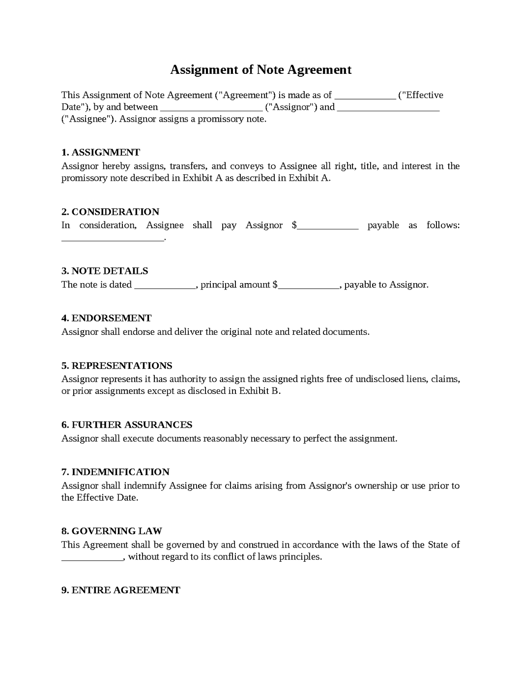 Assignment of Note Agreement