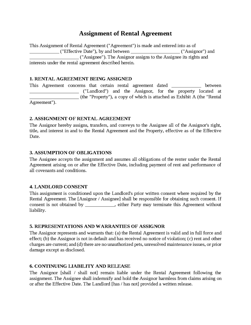 Assignment of Rental Agreement