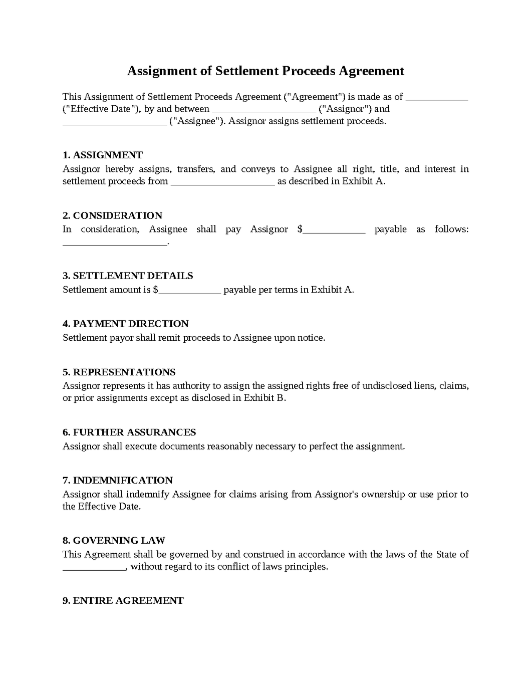 Assignment of Settlement Proceeds Agreement