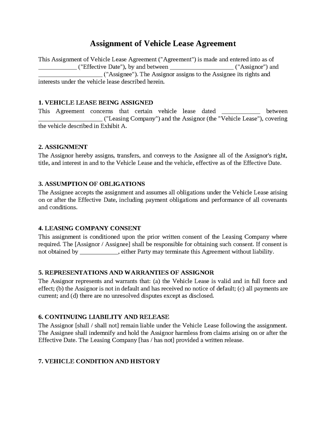 Assignment of Vehicle Lease Agreement