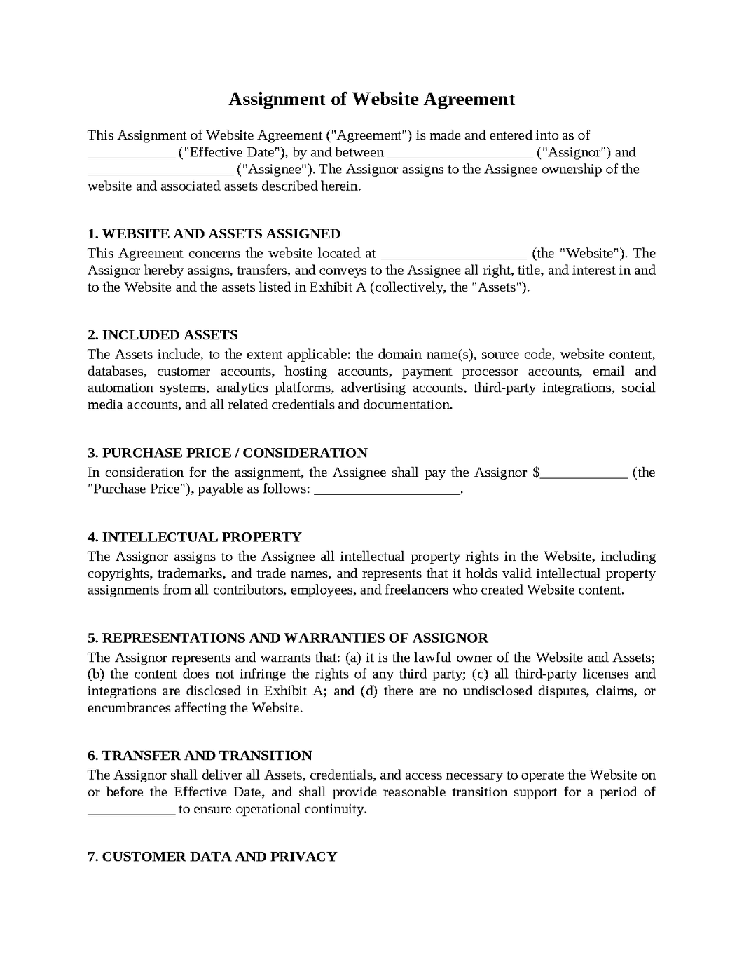 Assignment of Website Agreement