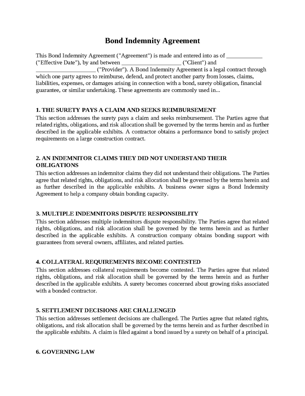 Bond Indemnity Agreement