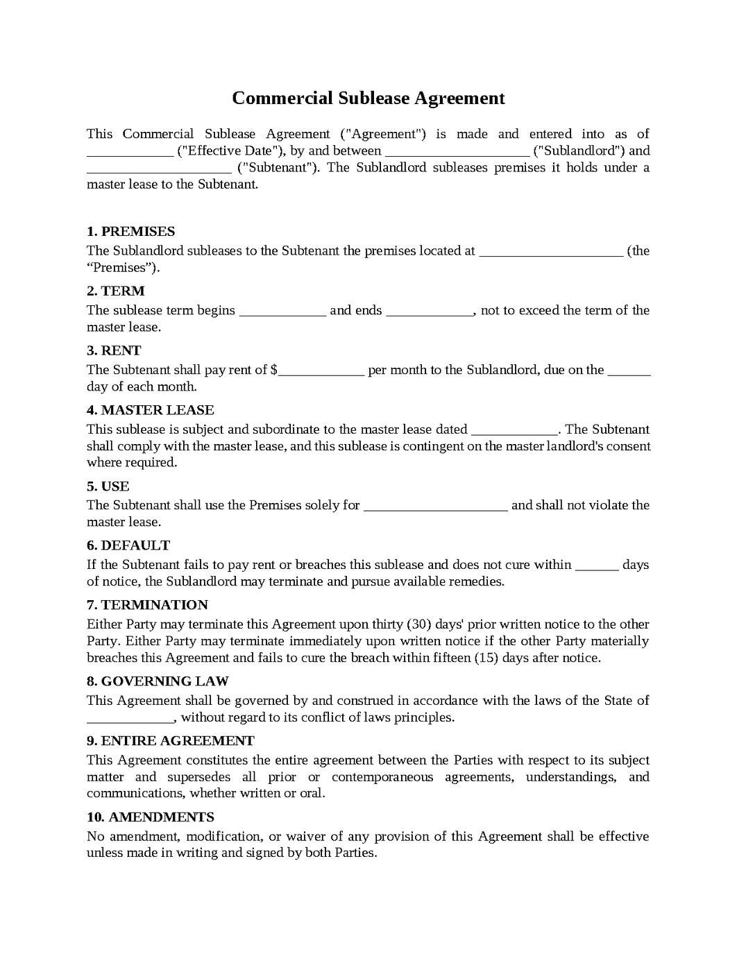 Commercial Sublease Agreement