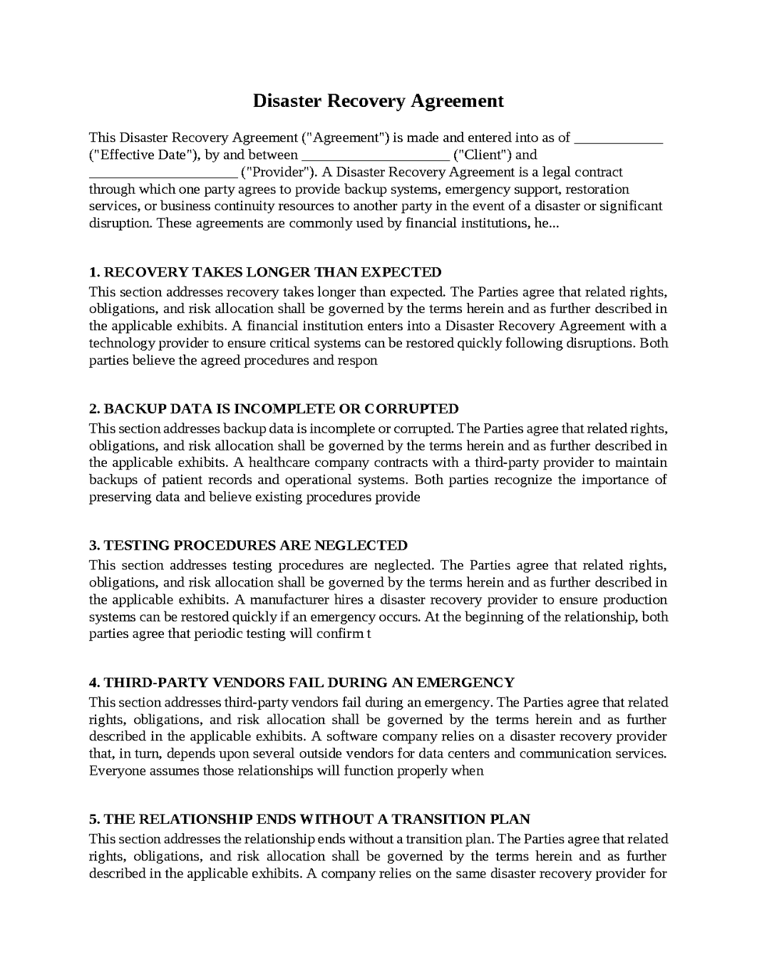 Disaster Recovery Agreement