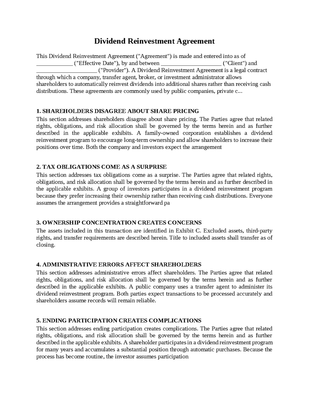 Dividend Reinvestment Agreement