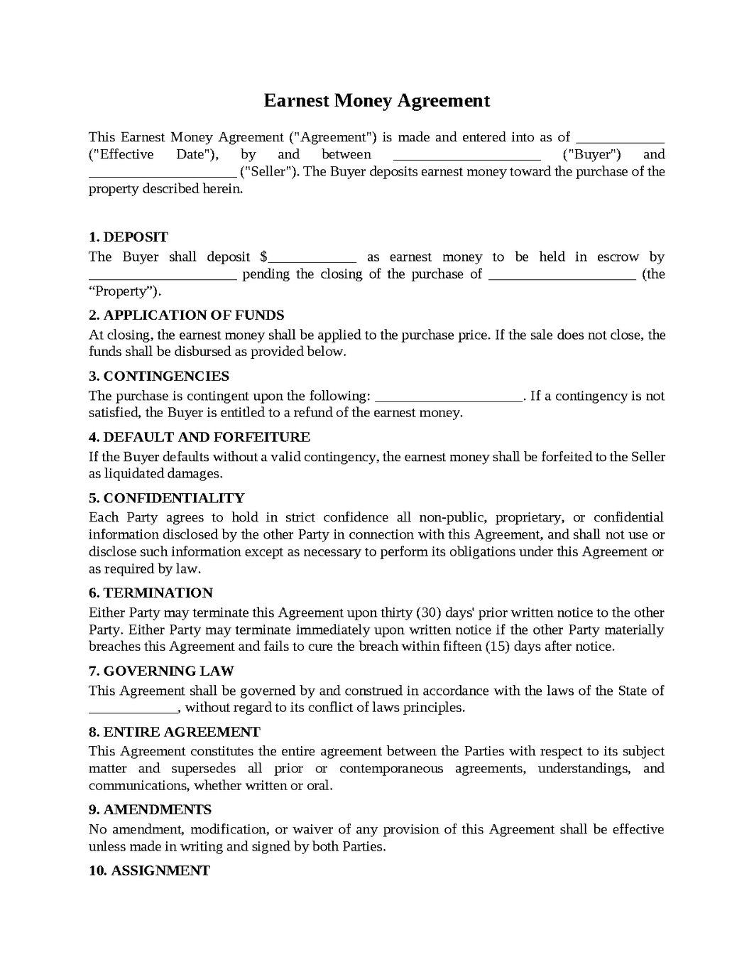 Earnest Money Agreement