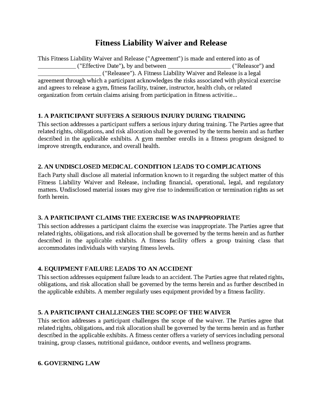 Fitness Liability Waiver and Release