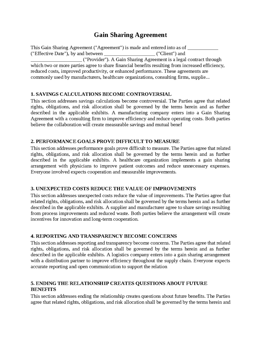 Gain Sharing Agreement