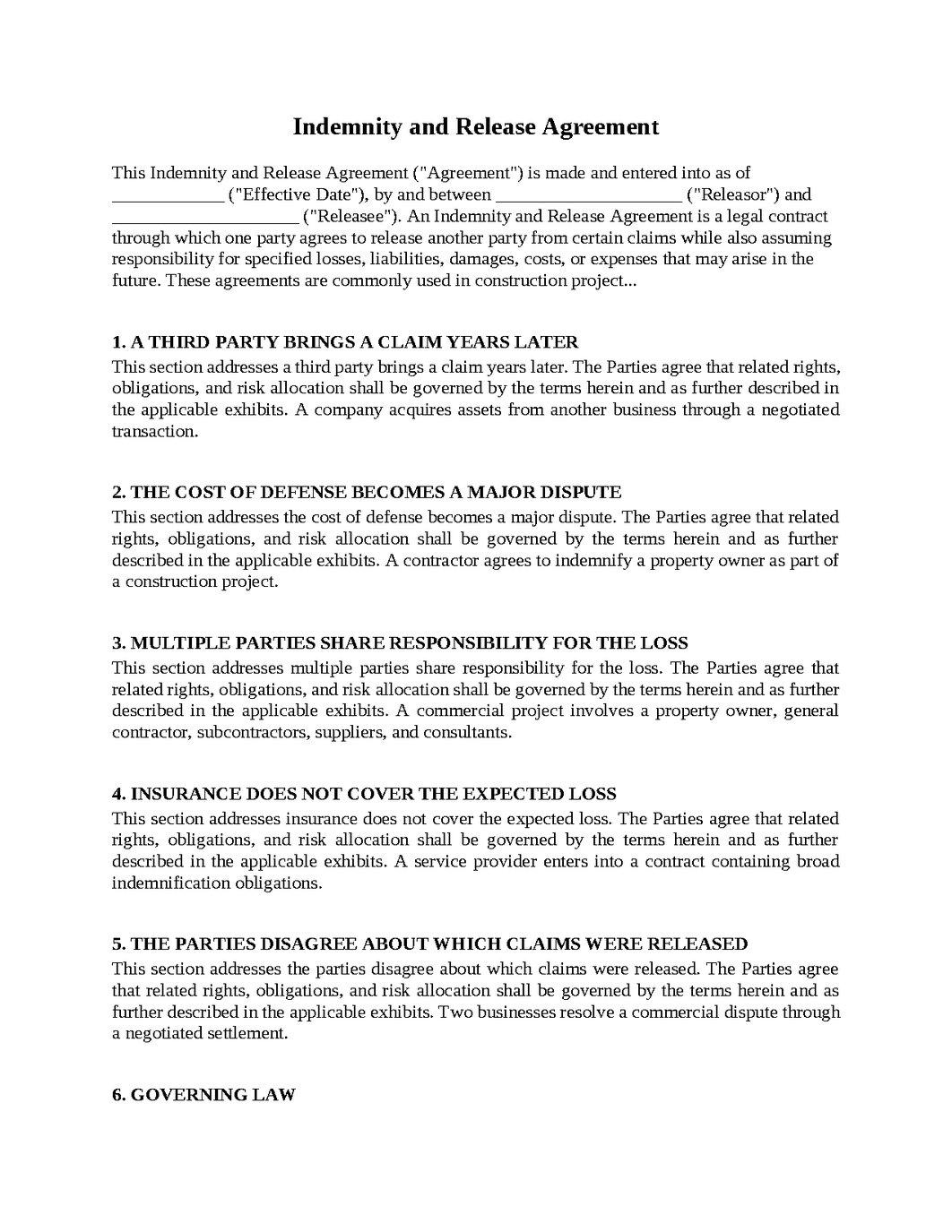 Indemnity and Release Agreement