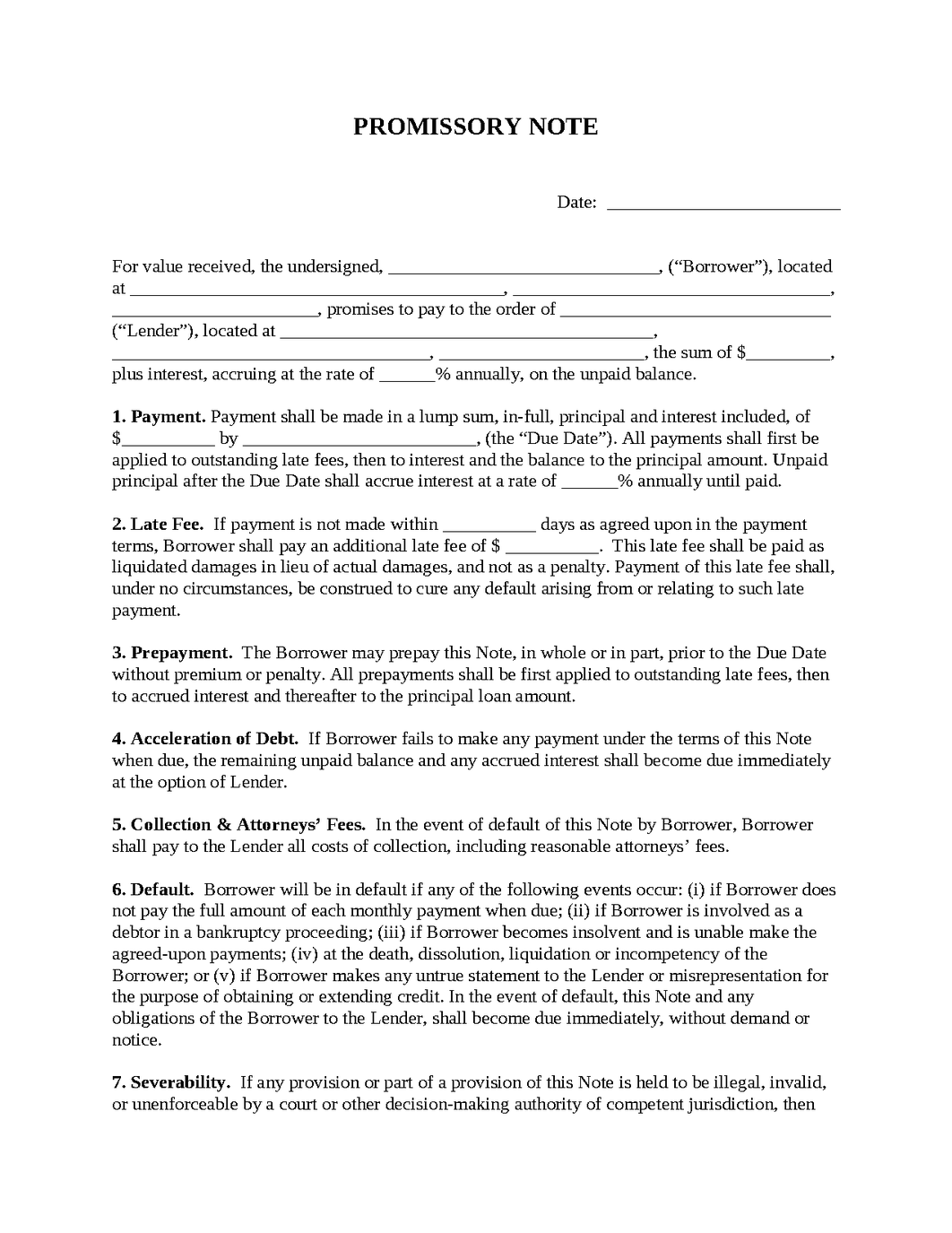 Lump Sum Promissory Note