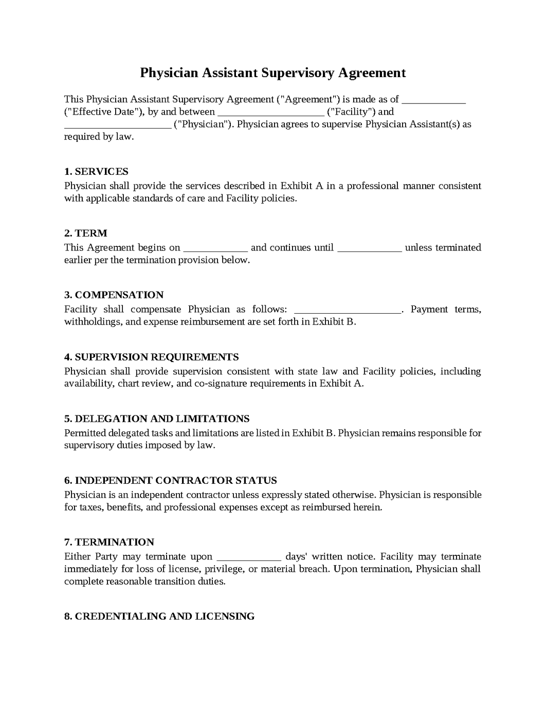 Physician Assistant Supervisory Agreement