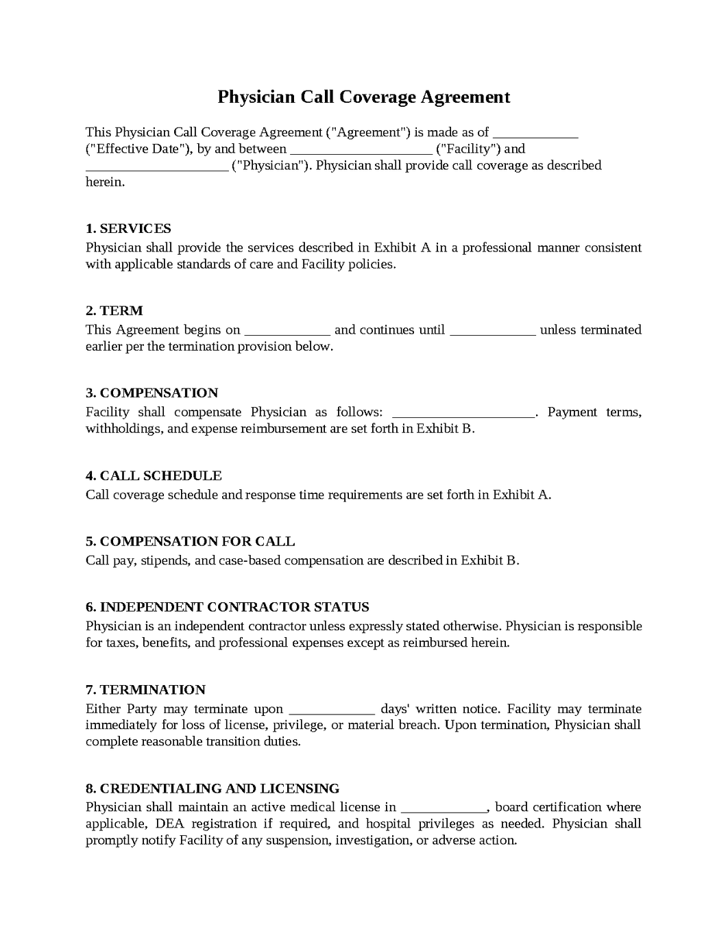 Physician Call Coverage Agreement