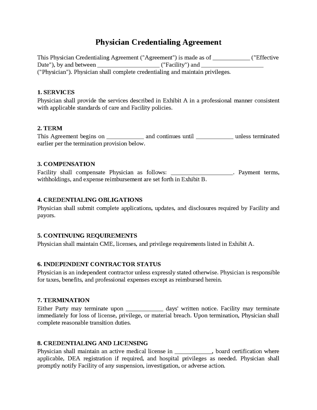 Physician Credentialing Agreement
