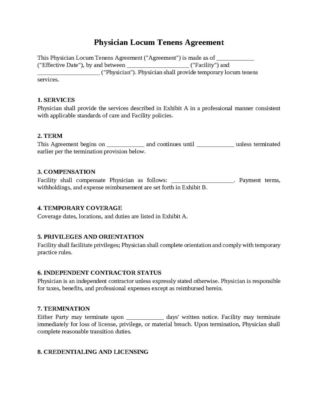 Physician Locum Tenens Agreement
