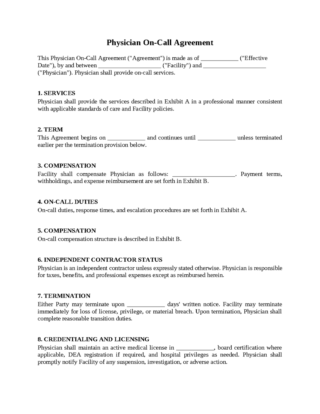 Physician On-Call Agreement