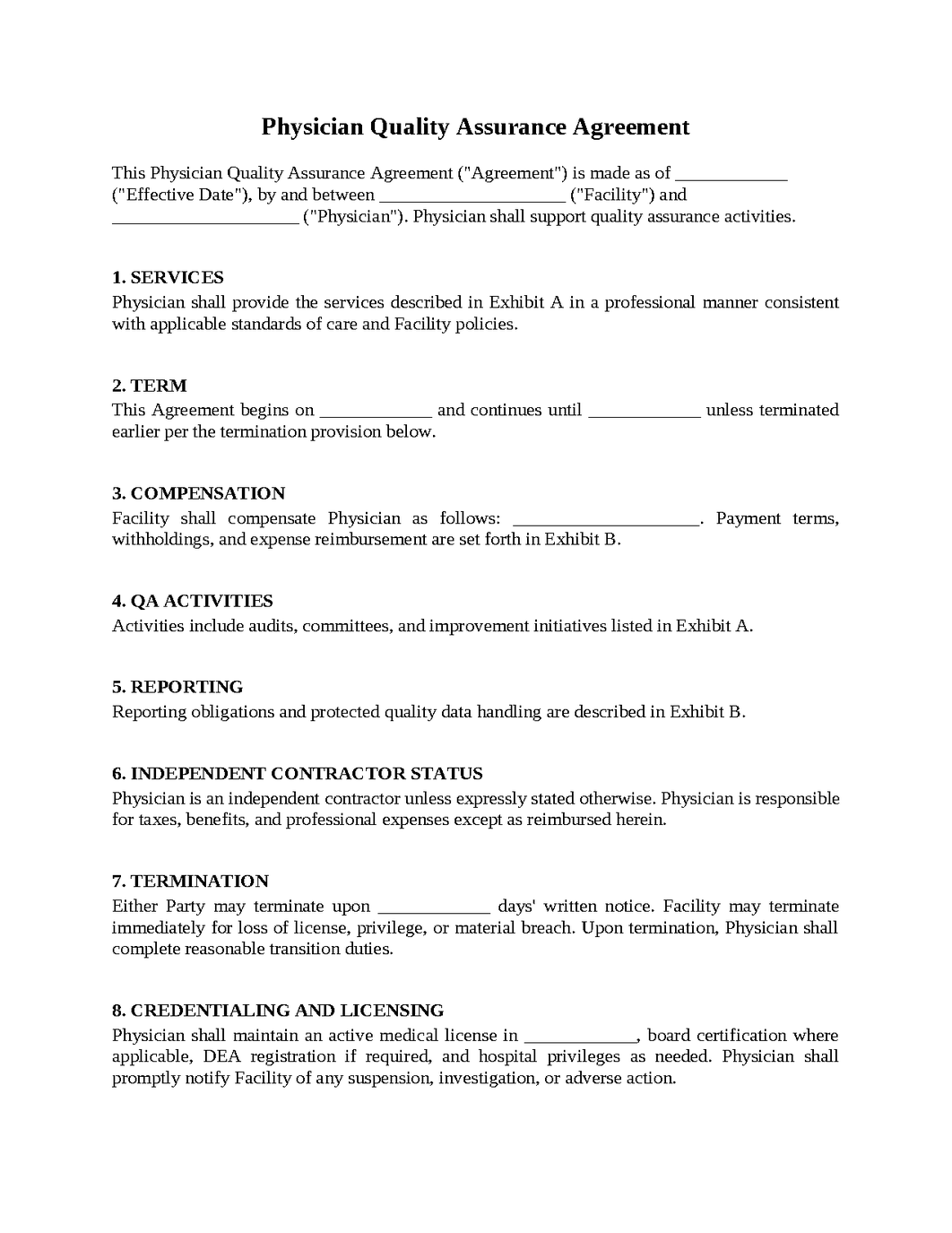Physician Quality Assurance Agreement