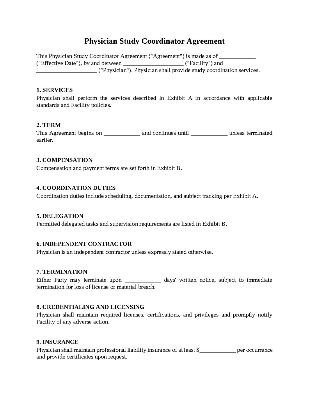 Physician Study Coordinator Agreement