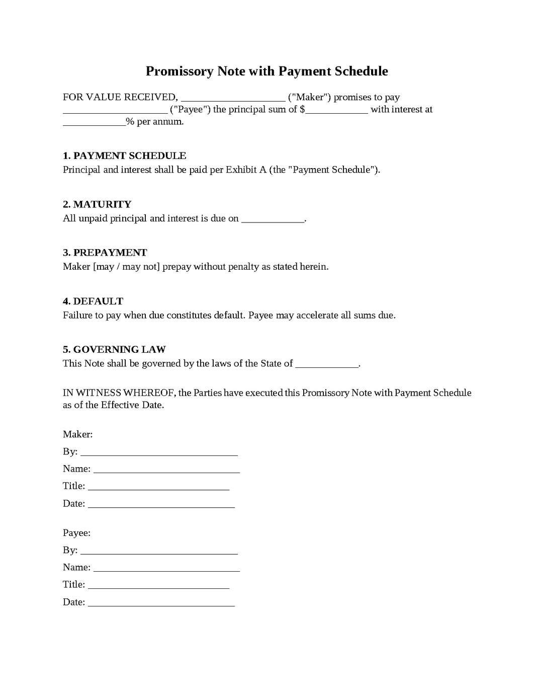 Promissory Note with Payment Schedule