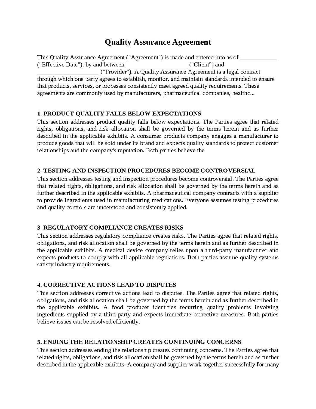 Quality Assurance Agreement