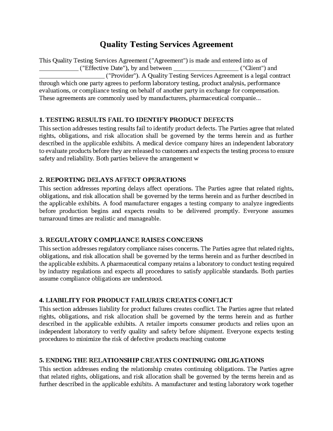 Quality Testing Services Agreement