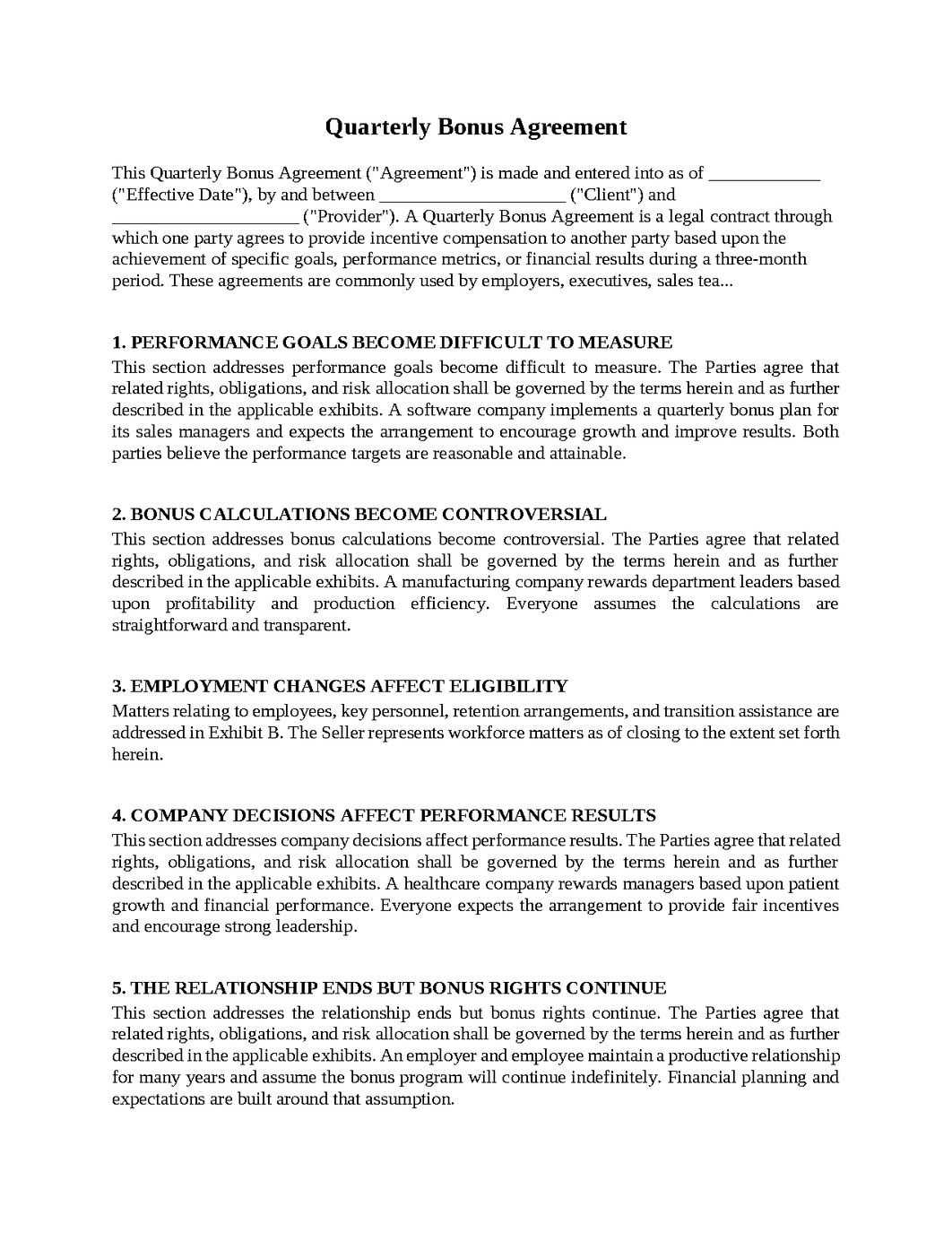 Quarterly Bonus Agreement