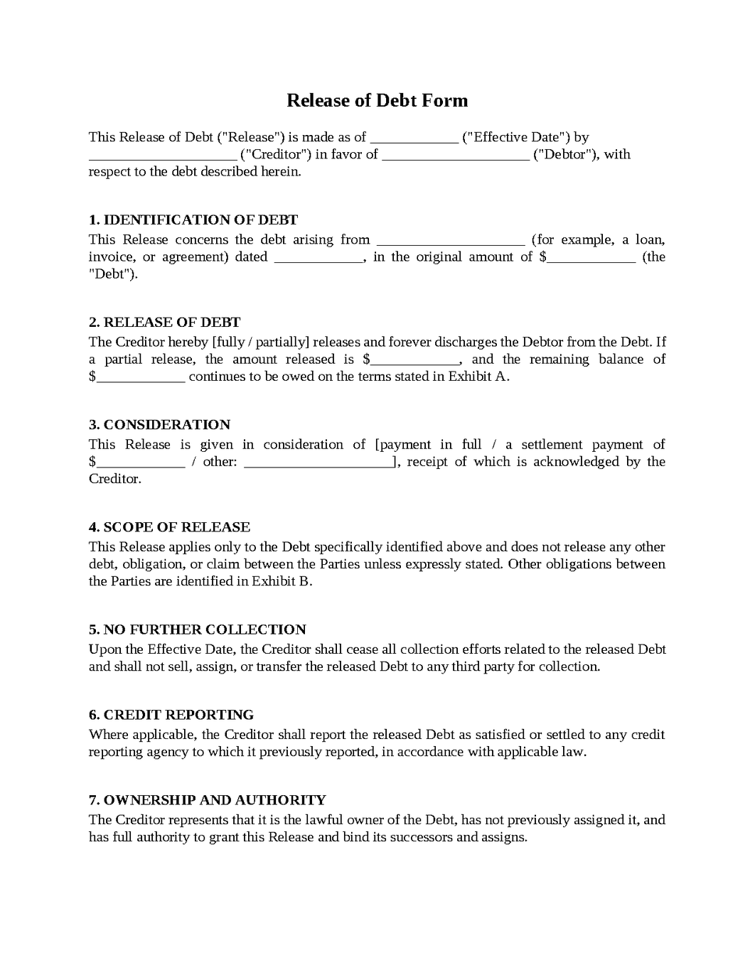 Release of Debt Form