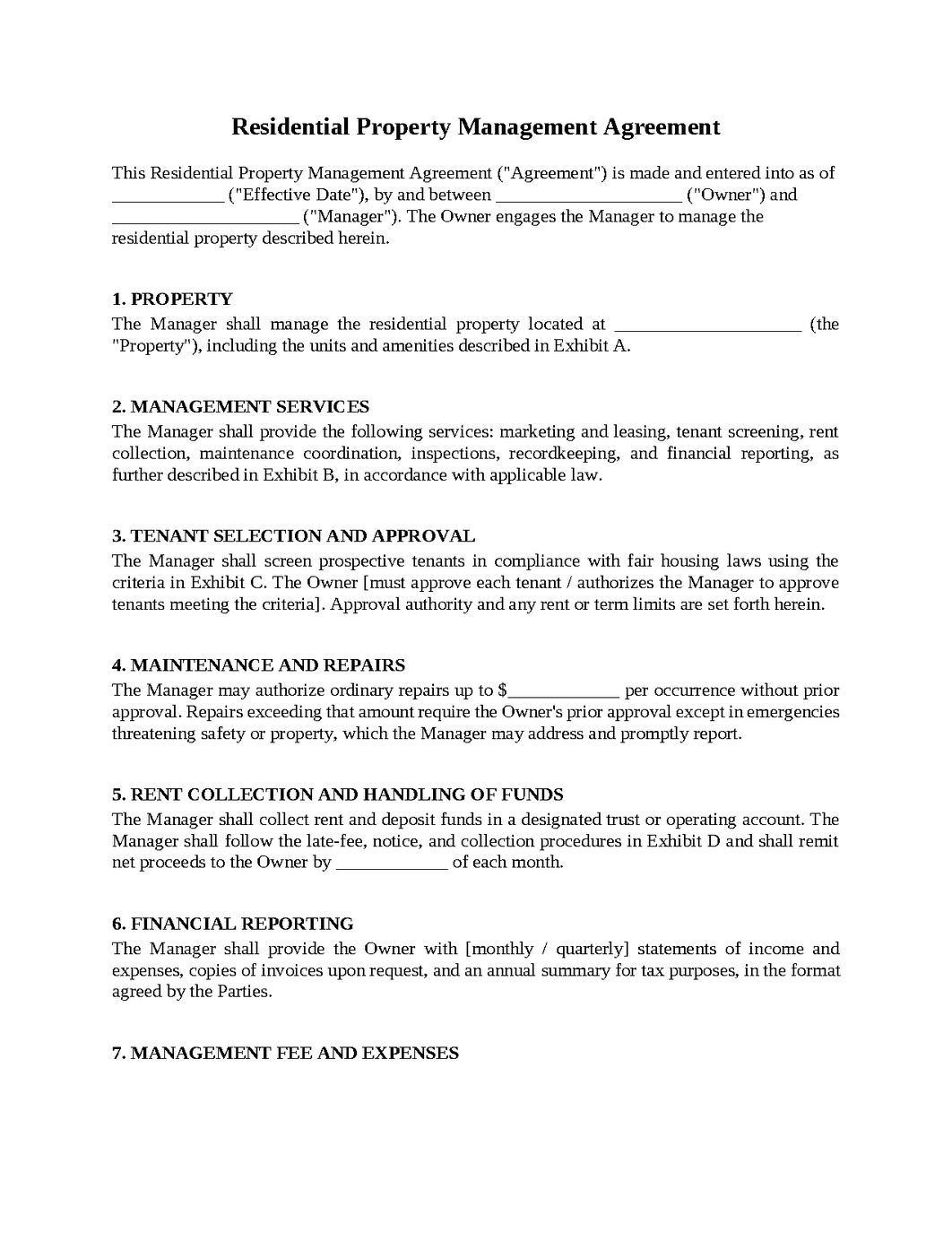 Residential Property Management Agreement