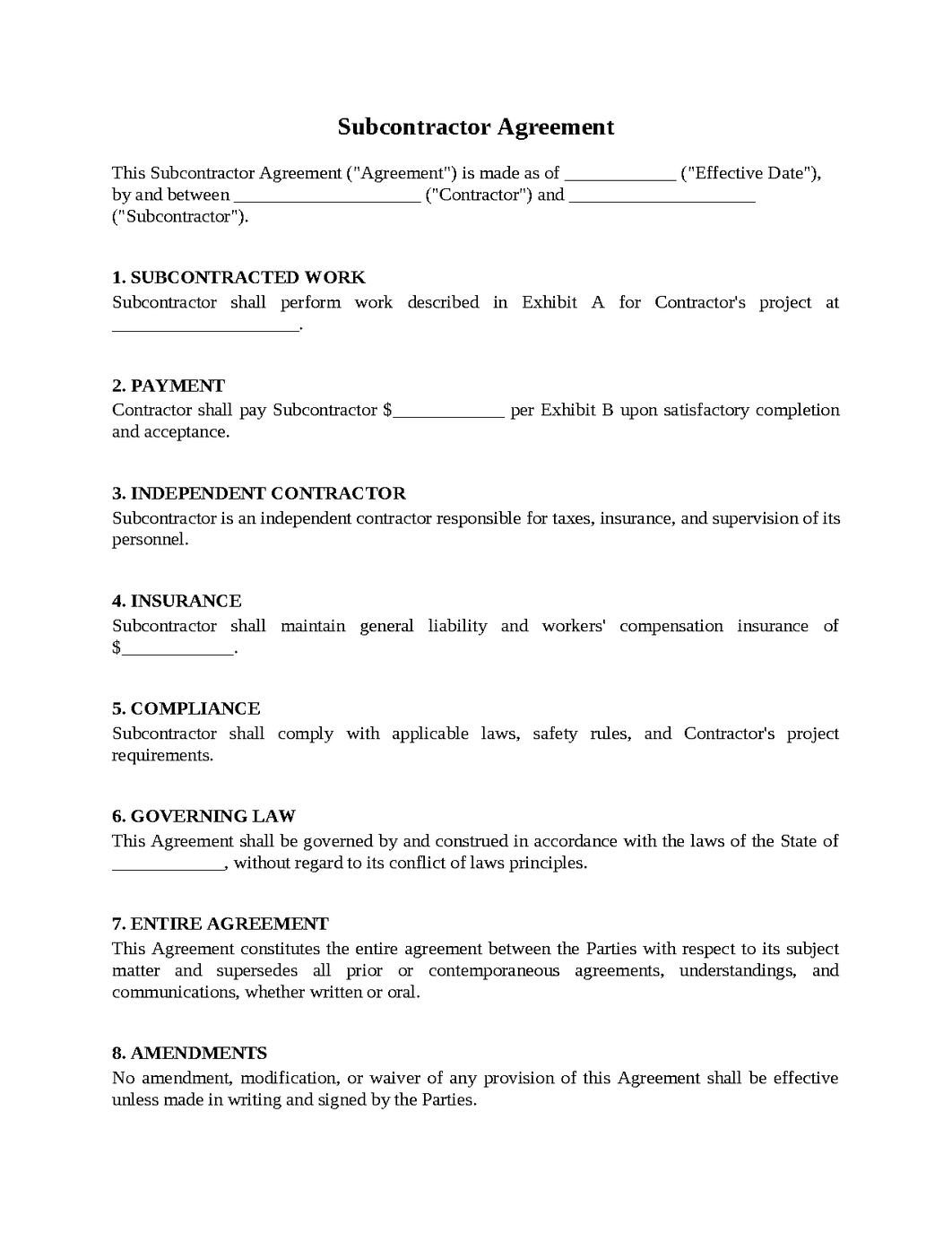 Subcontractor Agreement