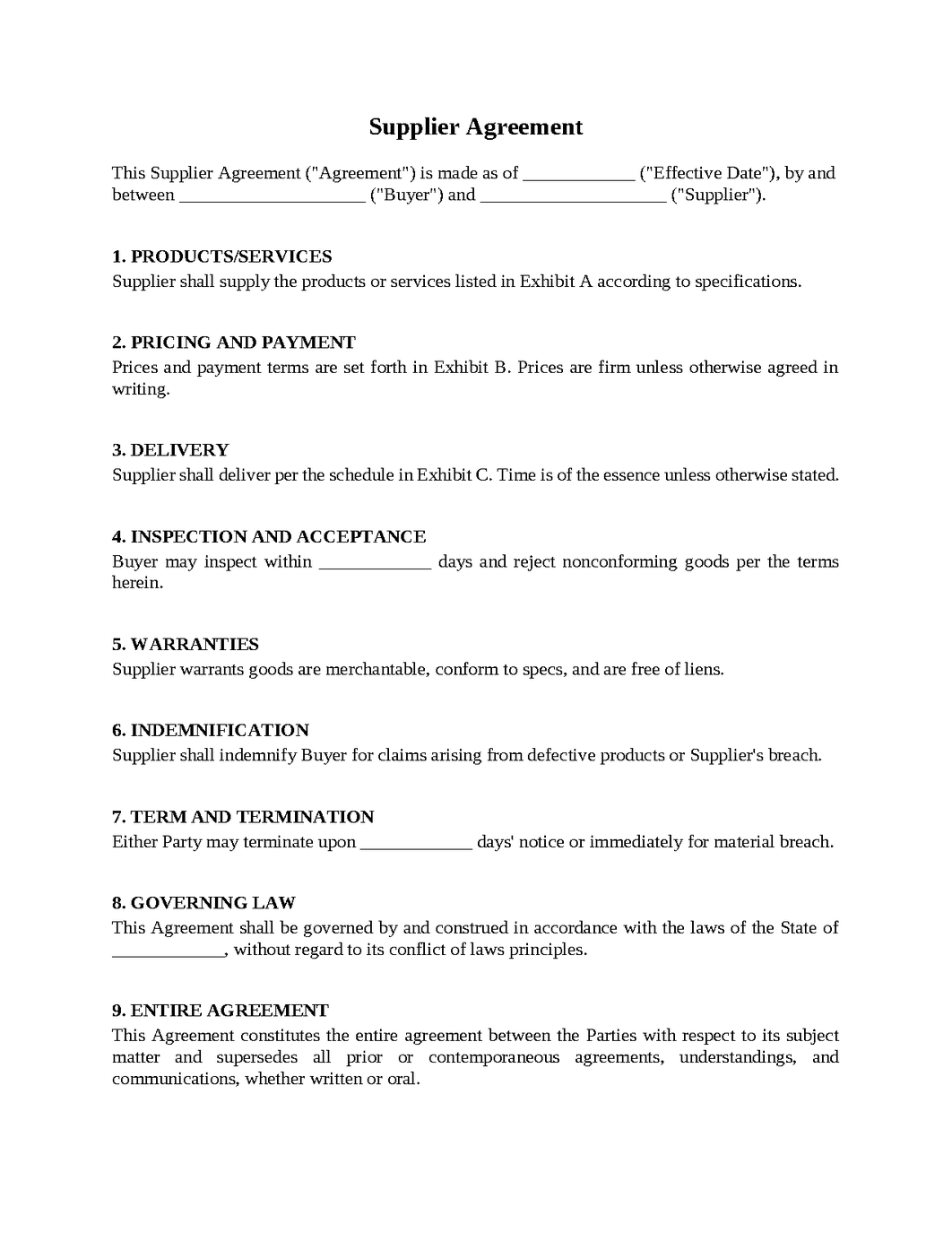 Supplier Agreement