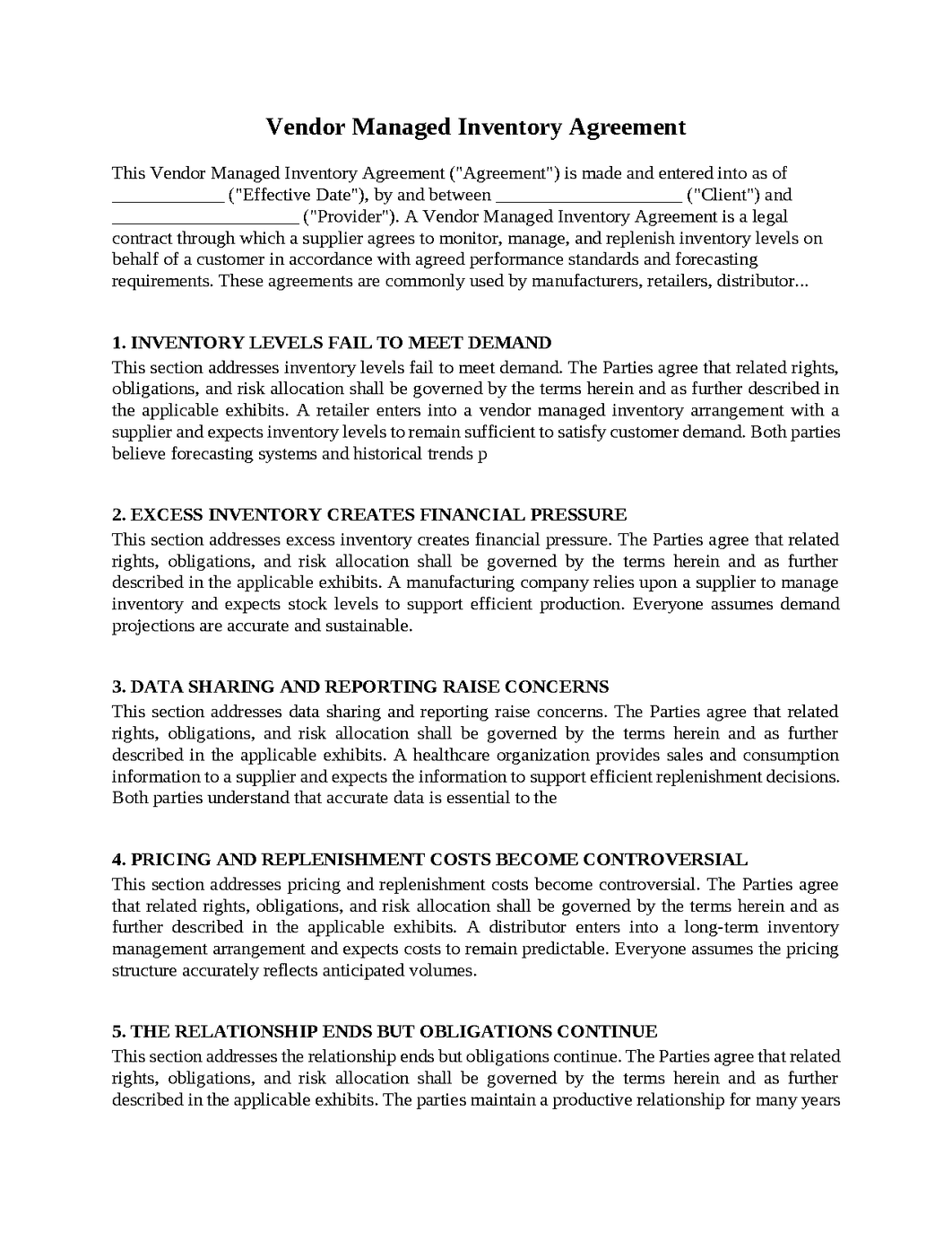 Vendor Managed Inventory Agreement